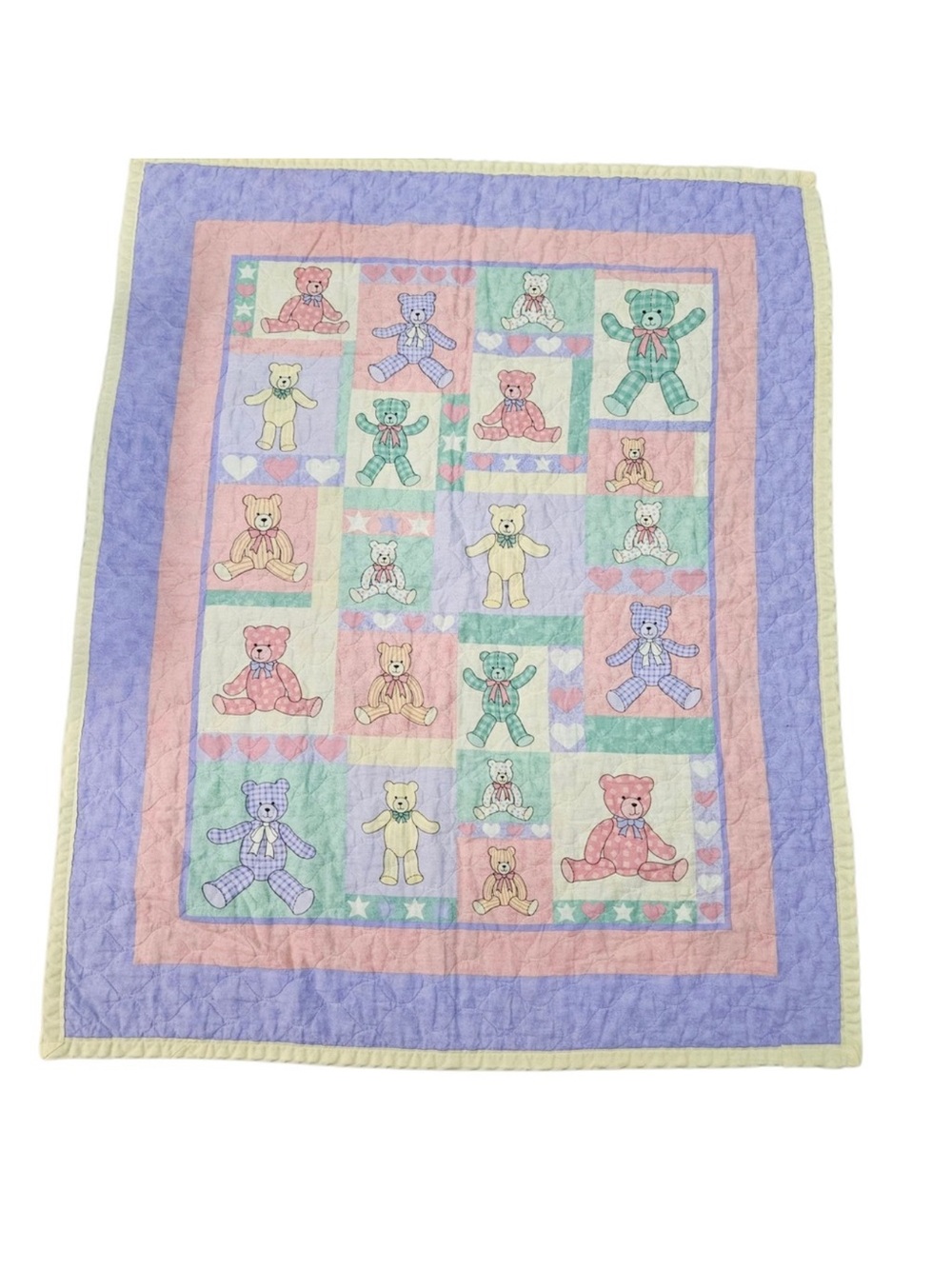 Vintage Baby Quilt Blanket Pastel Teddy Bear Unisex Boy Girl Toddler Homemade